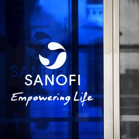 Sanofi's logo at the headquarters in Paris, during