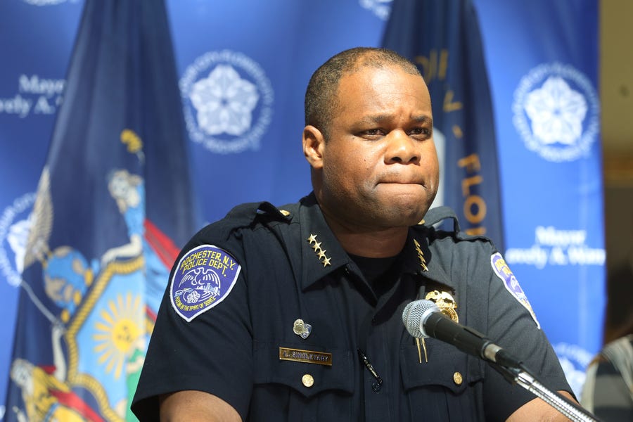 Rochester Police Chief La'Ron Singletary answers questions during a press conference Mayor Lovely Warren held Sunday, Sept. 6, 2020 .  Warren, who expressed confidence in Singletary,  talked about changes that will place and addressing some concerns from last night's rallies and protest held in memory of Daniel Prude.  