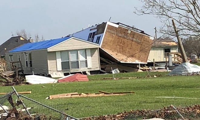 Winds of 150 mph toppled a mobile home in Cameron, where Hurricane Laura made landfall.