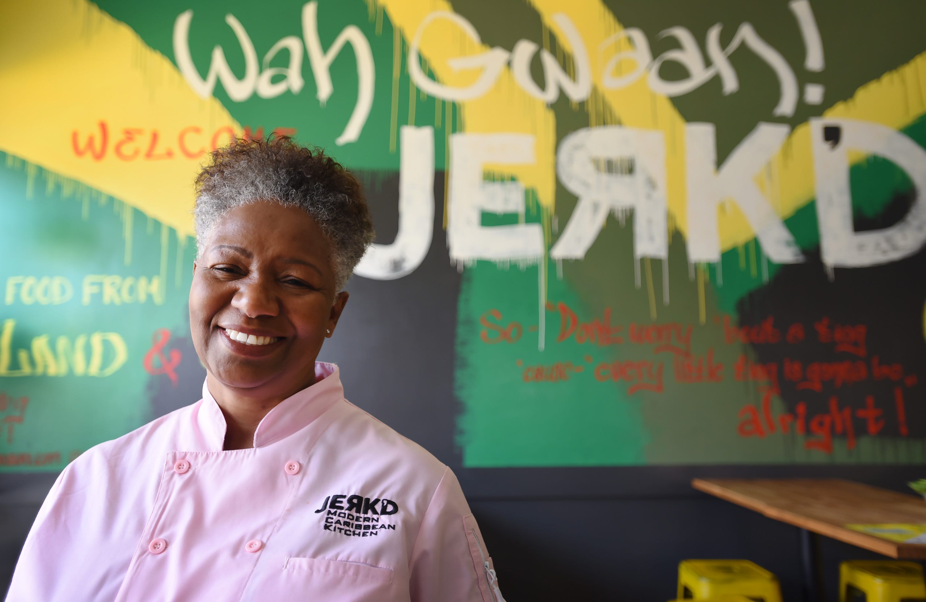 Photo of Marva Layne, co-owner,  at Jerk D'Modern Caribbean Kitchen in Hackensack on 09/08/20.