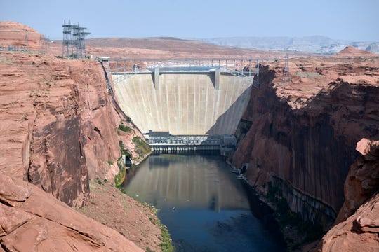 The Colorado River flowing from the foot of the Glen Canyon Dam in Arizona. 
