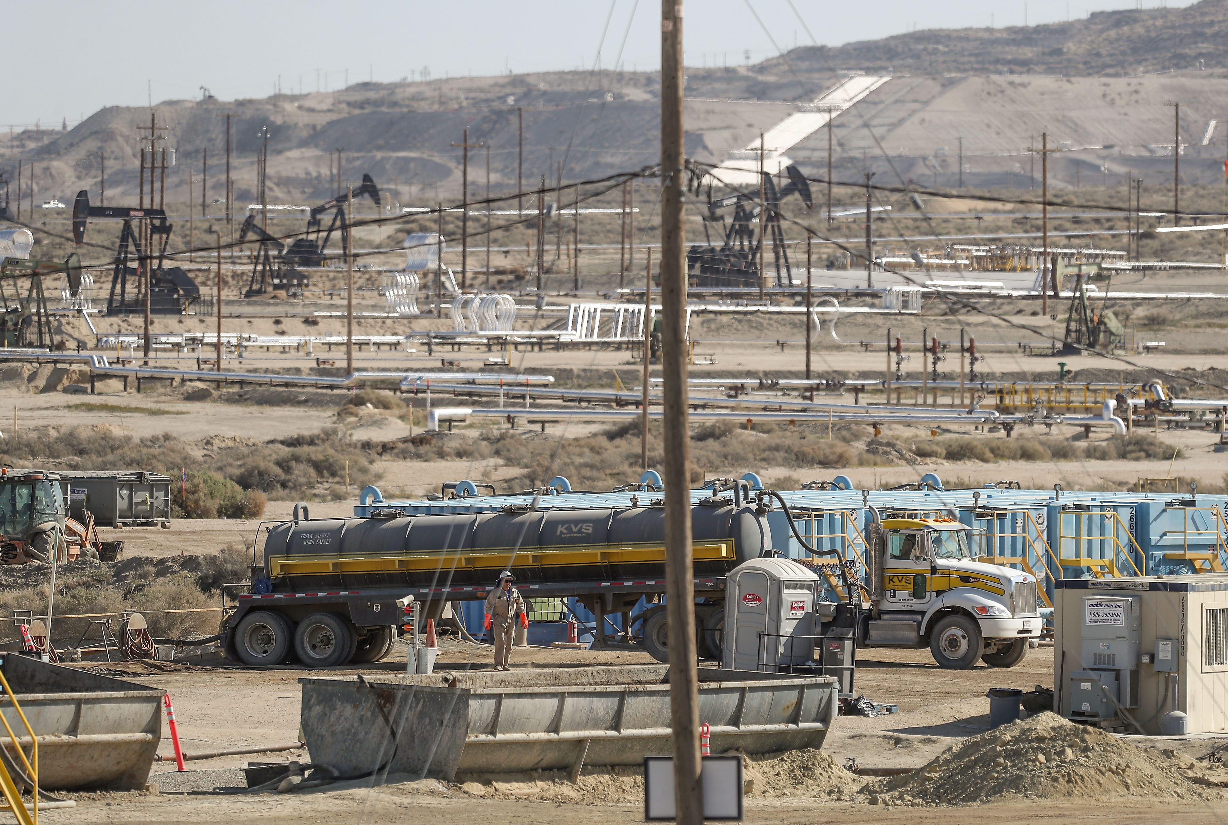 A vacuum truck sucks thousands of gallons of oil and wastewater a day out of the GS-5 spill, near McKittrick, California. GS-5 is one of the largest and longest-running surface expressions.