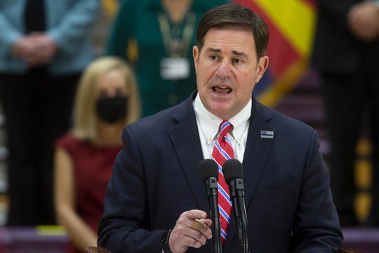 Arizona Gov. Doug Ducey speaks at a press conference held at the Hamilton High School gym aimed at bringing awareness to the issue of suicide and provide an update on the COVID-19 pandemic on Sept. 10, 2020, in Chandler. Ducey, other state leaders, and advocates talked about actions being implemented to help those with depression and other mental health issues.