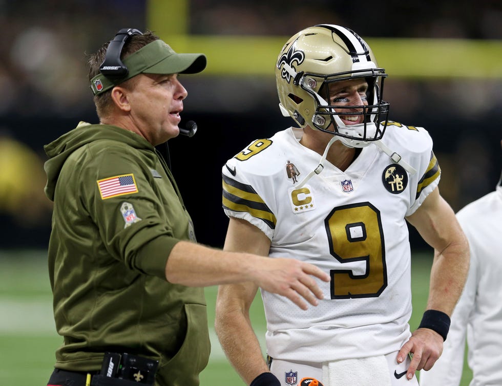 New Orleans Saints head coach Sean Payton and quarterback Drew Brees (9) on the sidelines in the fourth quarter against the Philadelphia Eagles at the Mercedes-Benz Superdome.