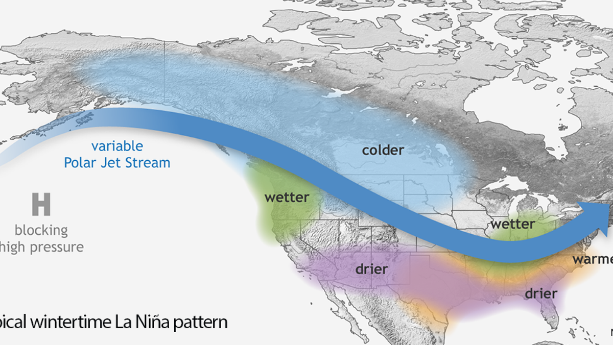 A typical wintertime La Nina pattern across North America. While the Pacific Northwest tends to be wetter-than-average, the southern tier of the U.S. is often unusually dry.