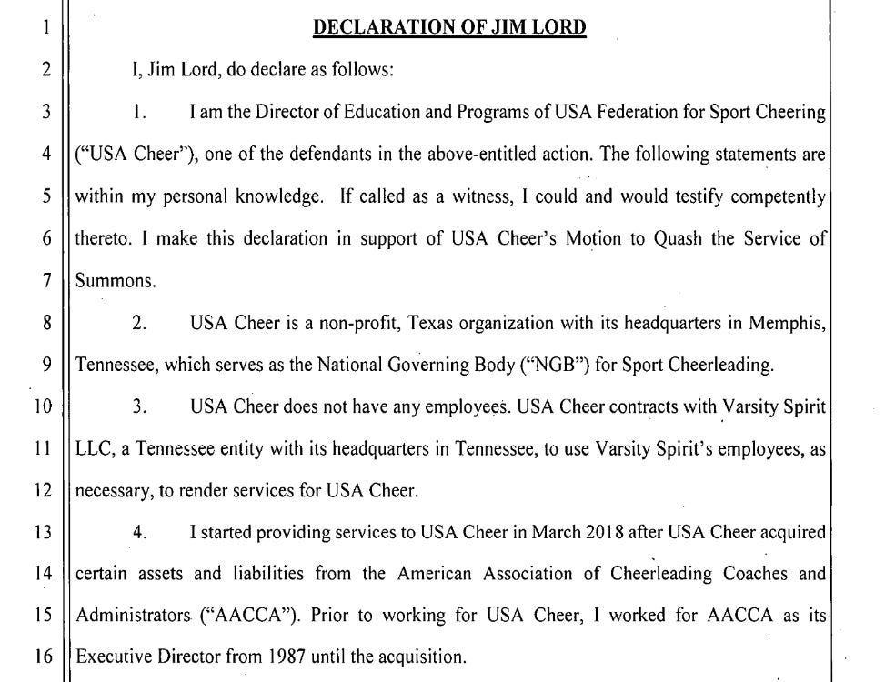 A screen shot of a declaration by Jim Lord, director of education and programs for USA Cheer. The declaration comes from the lawsuit Melissa Martin vs. The Regents of the University of California et al., filed last year in the Superior Court of the State of California, Alameda County. The case has to do with a concussion injury to a cheerleader. The declaration is dated Nov. 21, 2019.