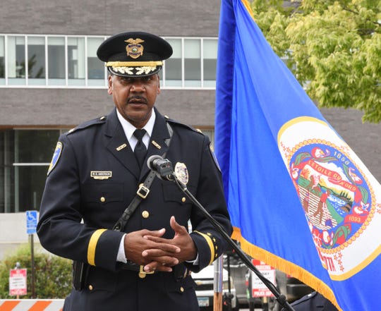 St. Cloud Police Chief Blair Anderson speaks at the September 11 Community Commemoration Friday, Sept. 11, 2020, in St. Cloud.