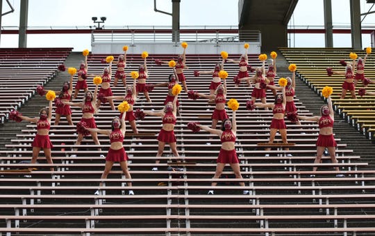 Sep 12, 2020; Ames, Iowa, USA; Iowa State Cyclones cheer squad root for the Cyclones from the empty stands before their game with the Louisiana-Lafayette Ragin Cajuns at Jack Trice Stadium. Mandatory Credit: Reese Strickland-USA TODAY Sports