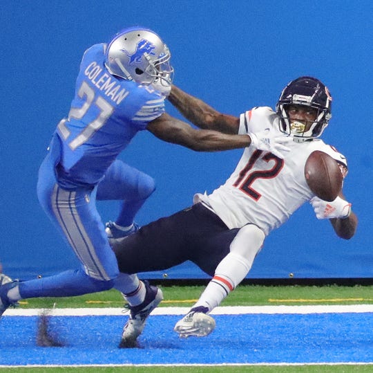 Lions cornerback Justin Coleman defends against Bears wide receiver Allen Robinson during the first half at Ford Field on Sunday, Sept. 13, 2020.