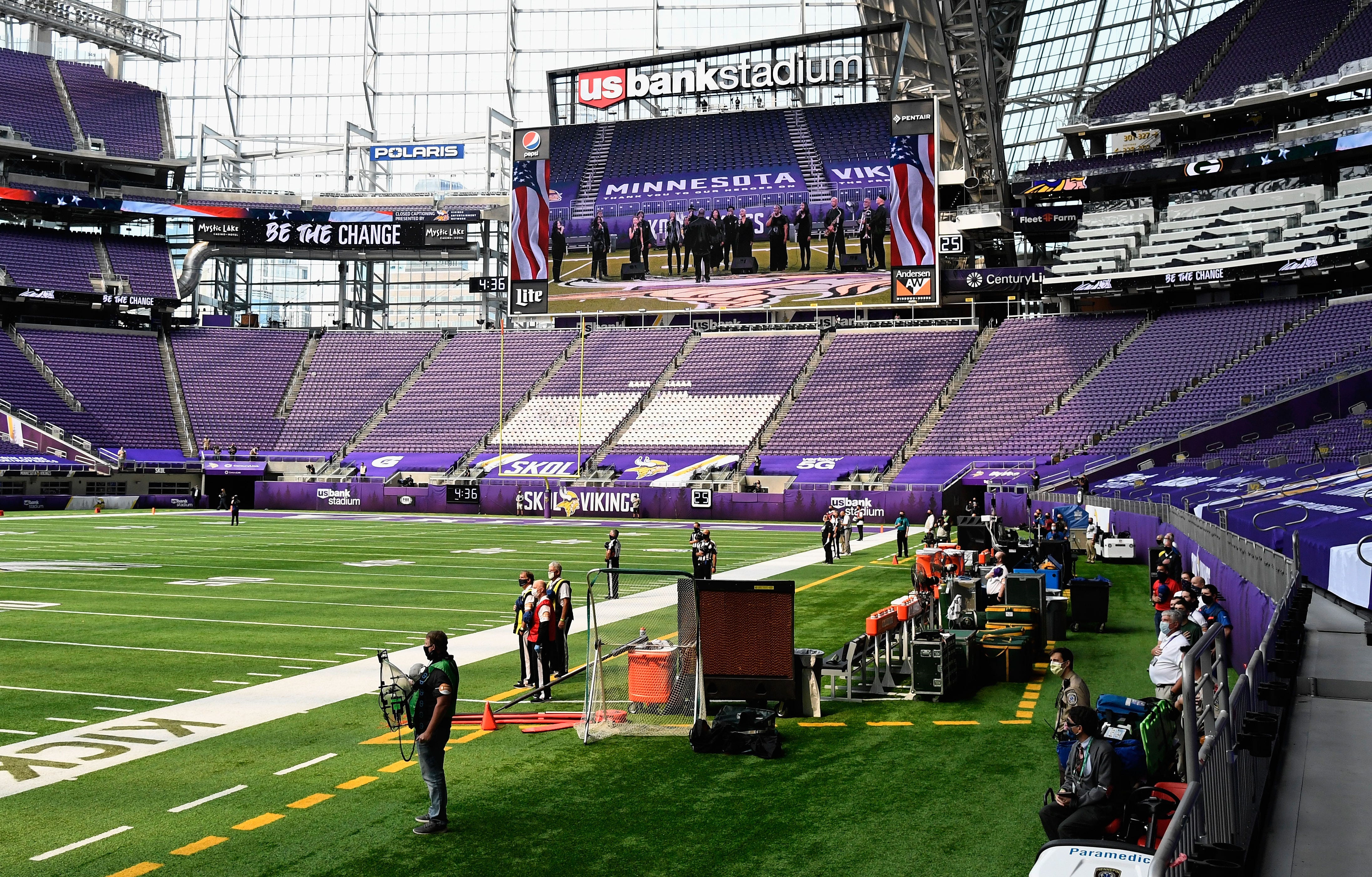 The Green Bay Packers bench is empty as the team remained in the locker room for the National Anthem as a gesture to bring attention to the fight for social justice before the game against the Minnesota Vikings at U.S. Bank Stadium on September 13, 2020, in Minneapolis.