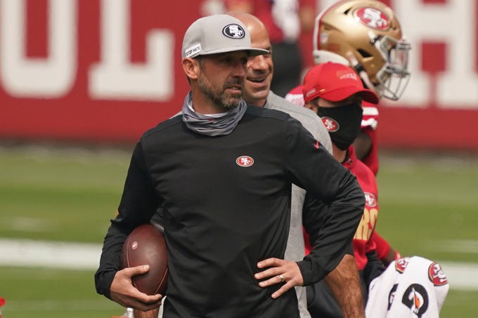 September 13, 2020; Santa Clara, California, USA; San Francisco 49ers head coach Kyle Shanahan watches before the game against the Arizona Cardinals at Levi's Stadium. Mandatory Credit: Kyle Terada-USA TODAY Sports