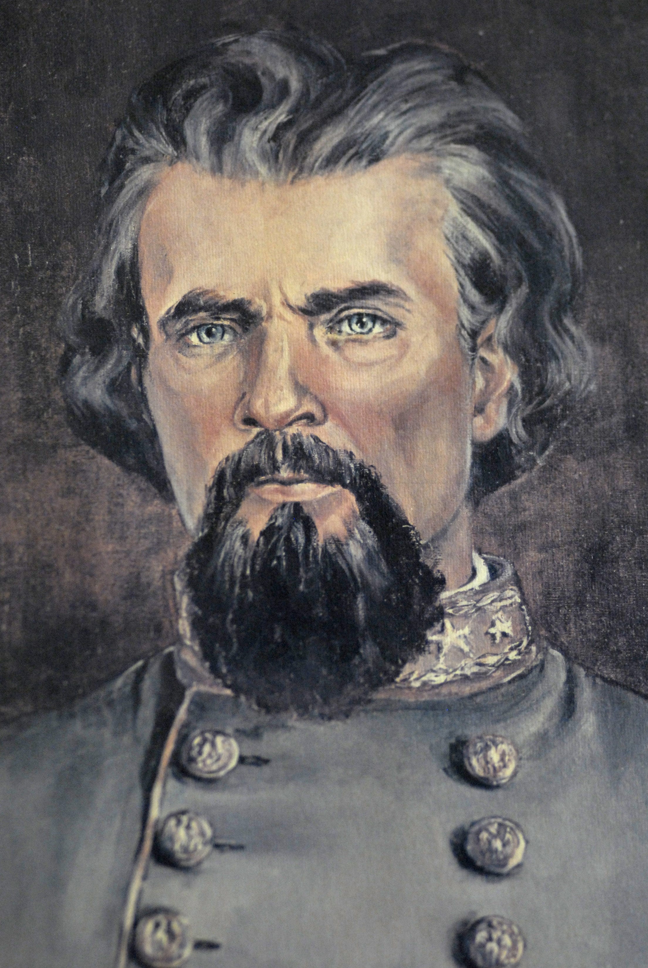 A portrait of Confederate Gen. Nathan Bedford Forrest hangs in the St. Francis County Museum in Forrest City, Ark. Forrest also served as the first grand wizard of the Ku Klux Klan.