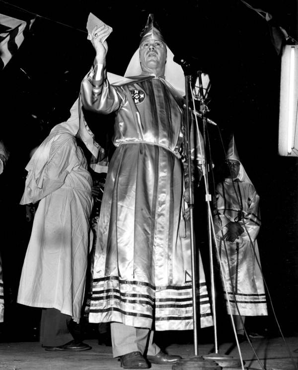 Imperial wizard Eldon Lee Edwards speaking at a Florida KKK rally in 1957.