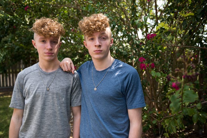 Twins Charlie, left, and Sam at their home in Texas in 2020. The brothers were the first to report misconduct allegations against Jerry Harris. USA TODAY agreed to withhold their last name because the boys are minors and alleging abuse.