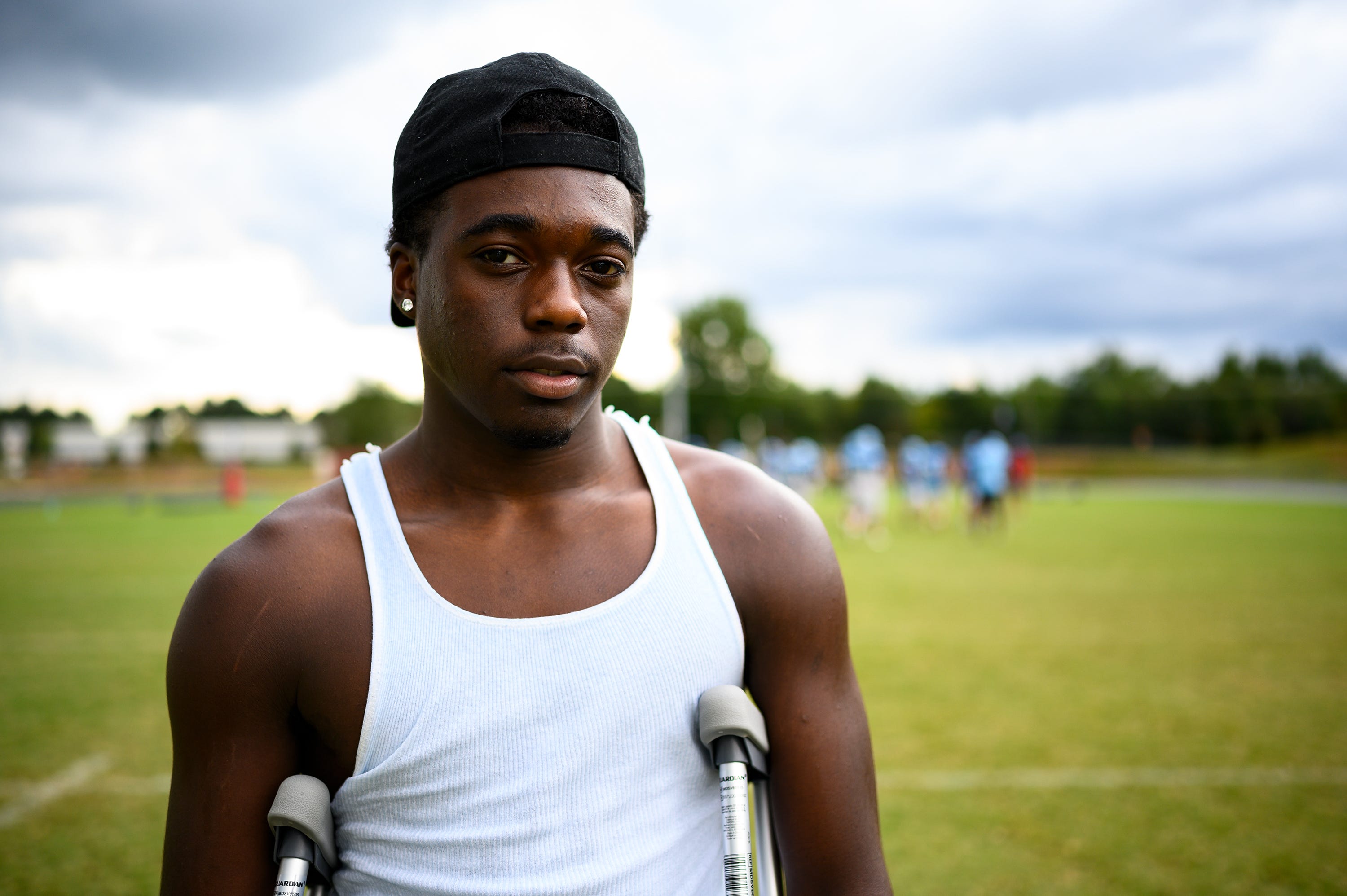 J.L. Mann football player Kentravion Hester poses for a portrait on the practice field Monday, Sept. 14, 2020.