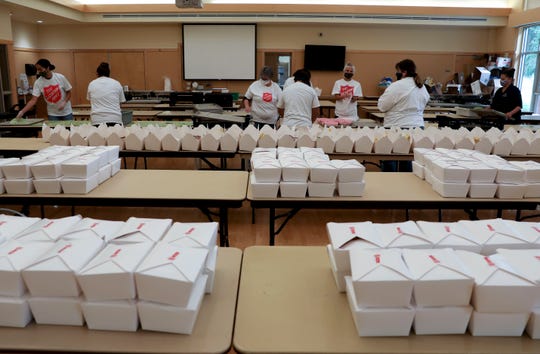 Salvation Army volunteers work to fill boxes with food to feed fire evacuees at the Kroc Center in Salem, Oregon on Tuesday, Sept. 15, 2020. 