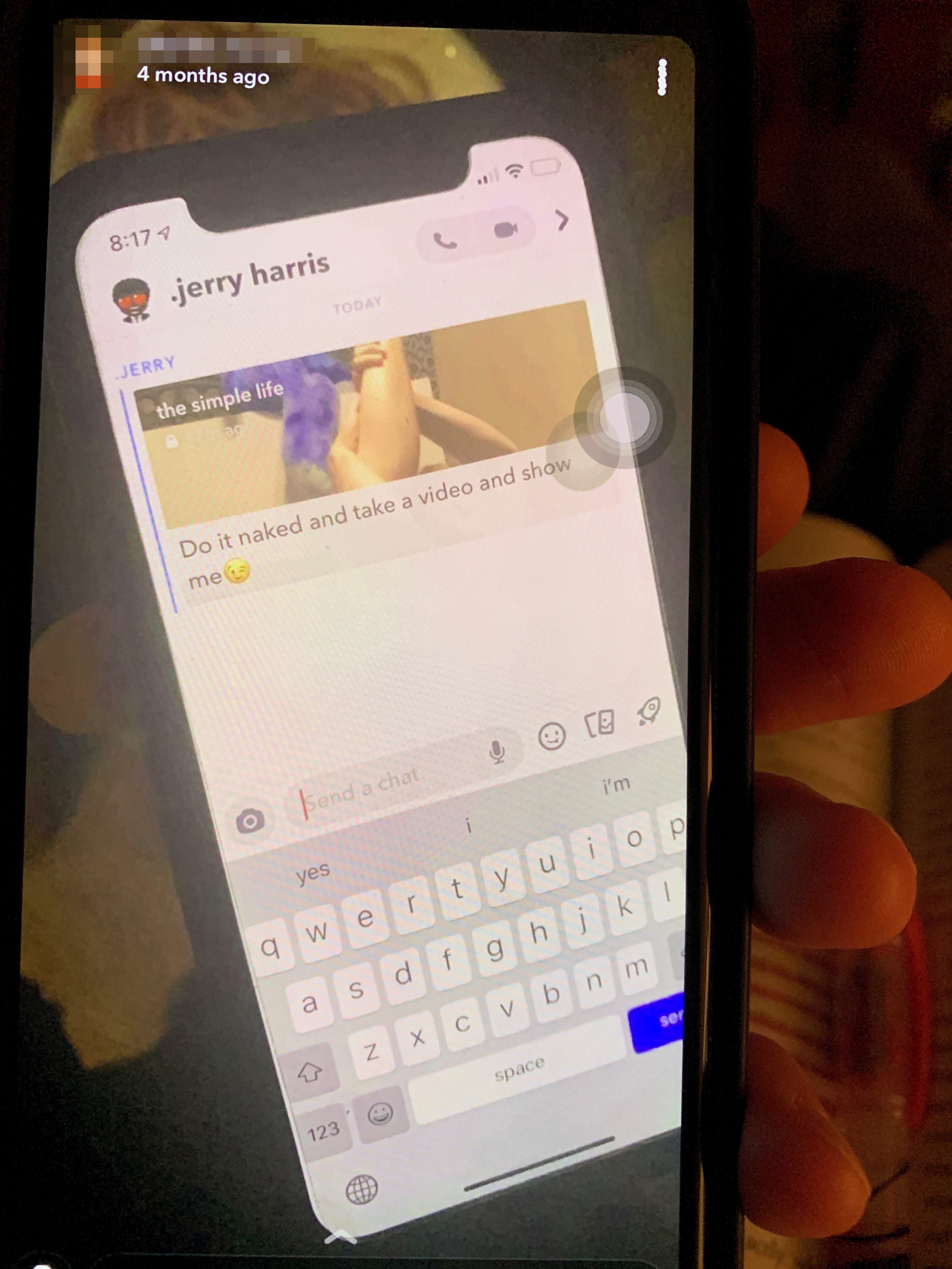 A photo of a Snapchat message, provided by the family, from Jerry Harris in response to a photo of Charlie stretching his leg above his head. The message reads, 'Do it naked and take a video and show me.' Part of this image was blurred by USA TODAY to protect the identity of a minor.