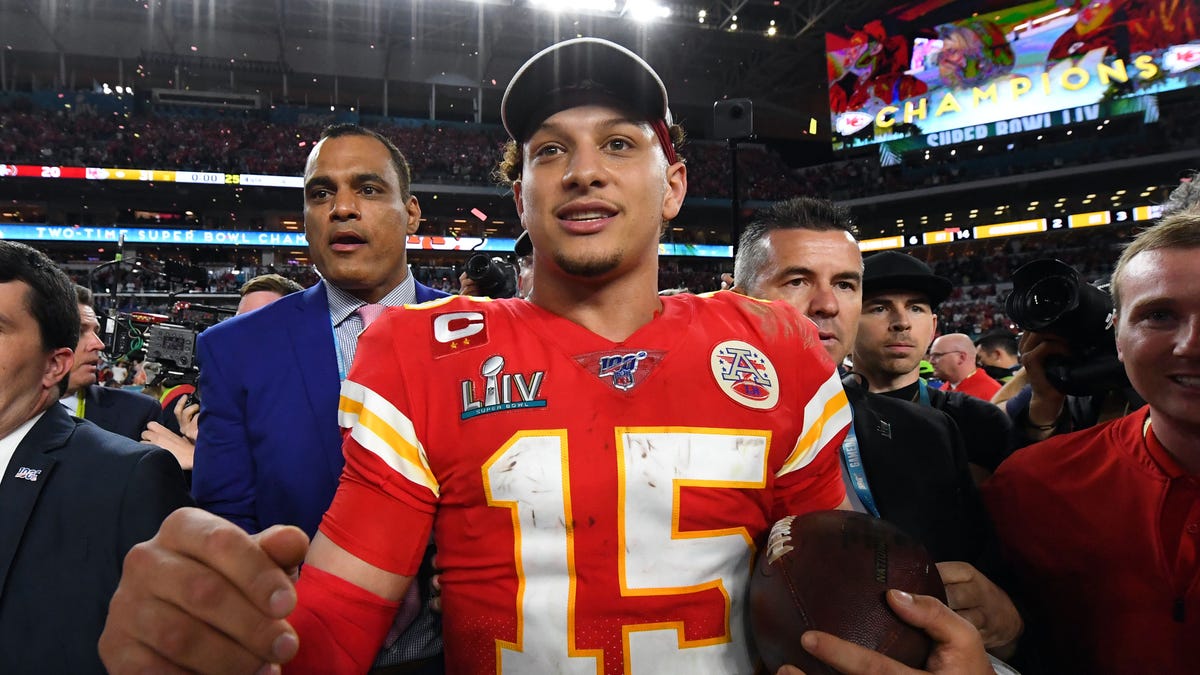 Kansas City Chiefs quarterback Patrick Mahomes celebrates after defeating the San Francisco 49ers in Super Bowl LIV. Mahomes passed for two touchdowns, ran for another and was named the game's MVP.