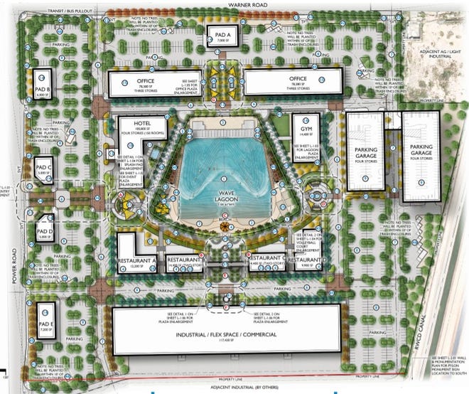 An overview of the planned Cannon Beach development in southeast Mesa, including a wave lagoon for surfing, a hotel, shops, offices and a gym.