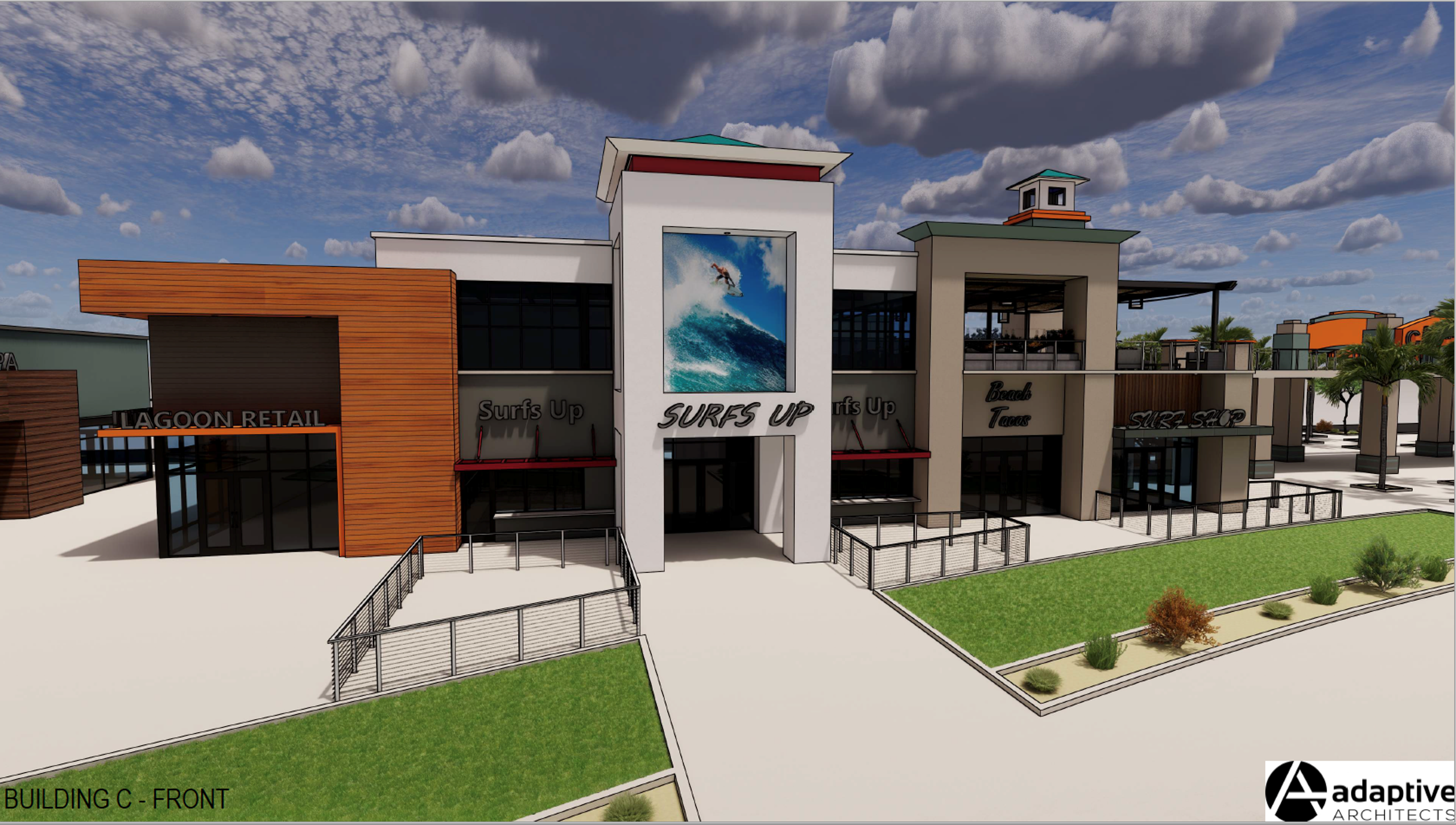 A rendering of shops at the planned coastal-themed Cannon Beach development in southeast Mesa. As of its groundbreaking in March, no tenants have been announced.