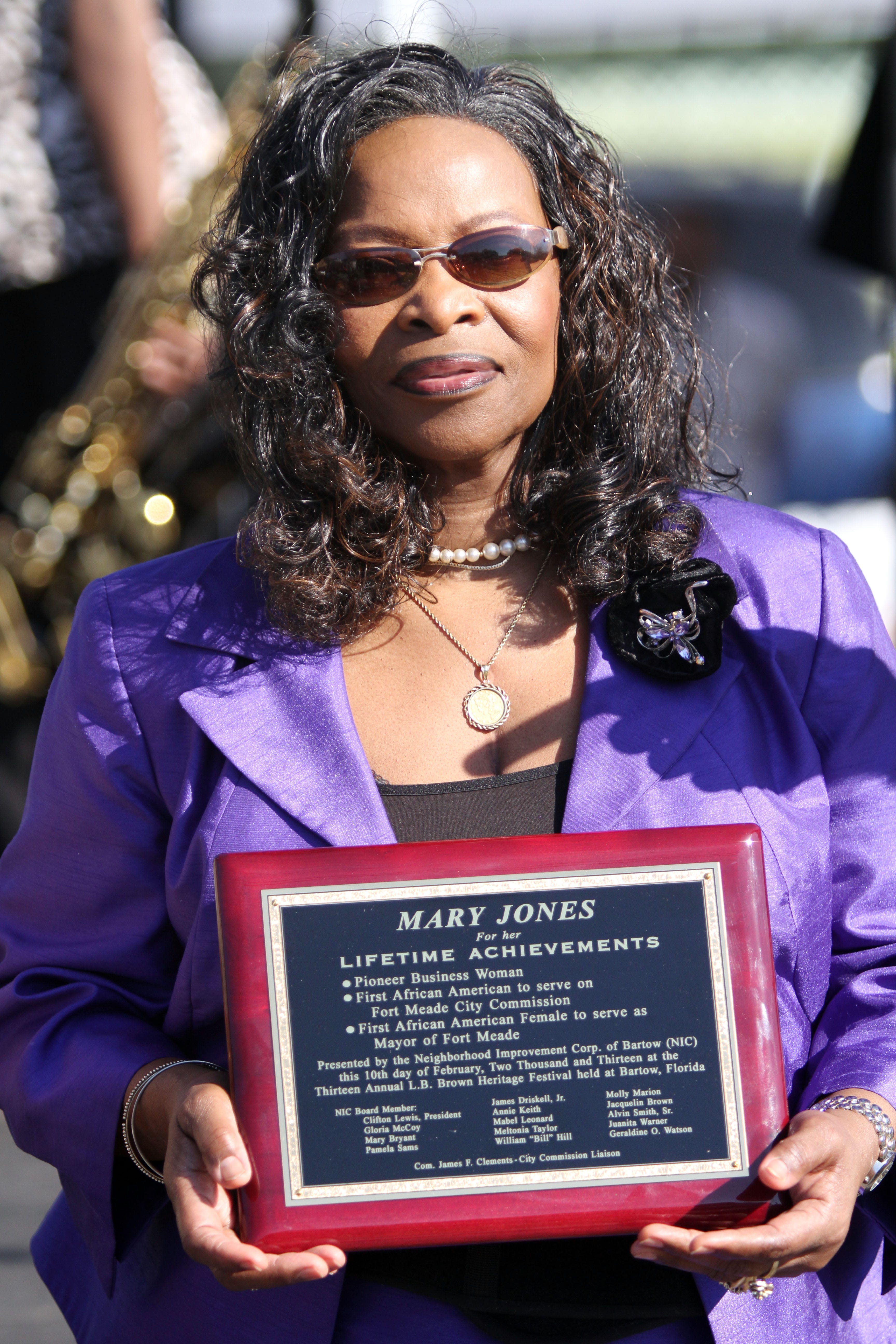 Mary Jones, who unsuccessfully ran for a county commission seat in 1990 and 1994, was presented a Lifetime Achievements award during the 13th Annual L.B. Brown Festival in Bartow on Feb. 9, 2013.