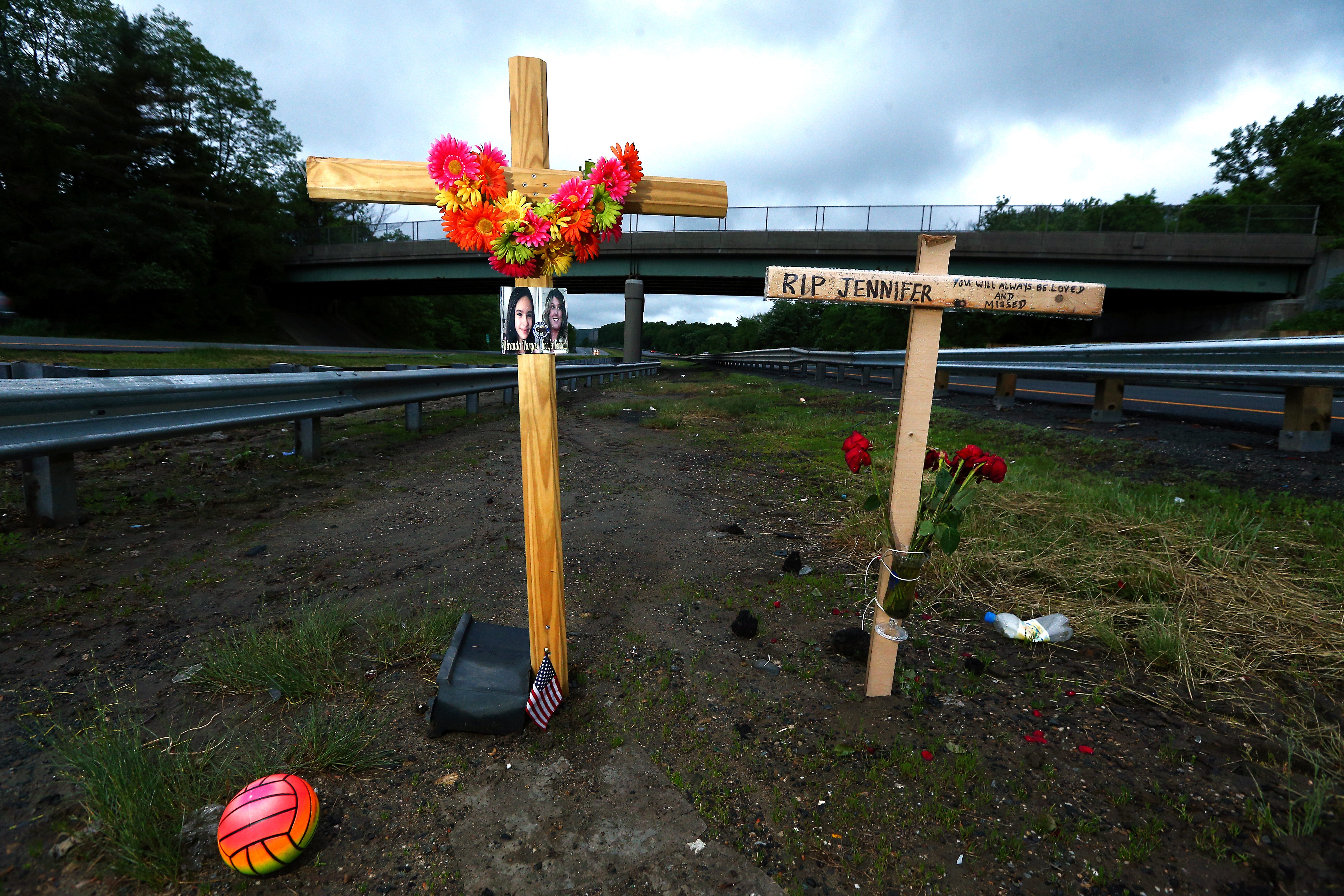 A roadside memorial for Miranda Vargas and Jennifer Williamson-Kennedy on the median of Route 80 in Mount Olive.