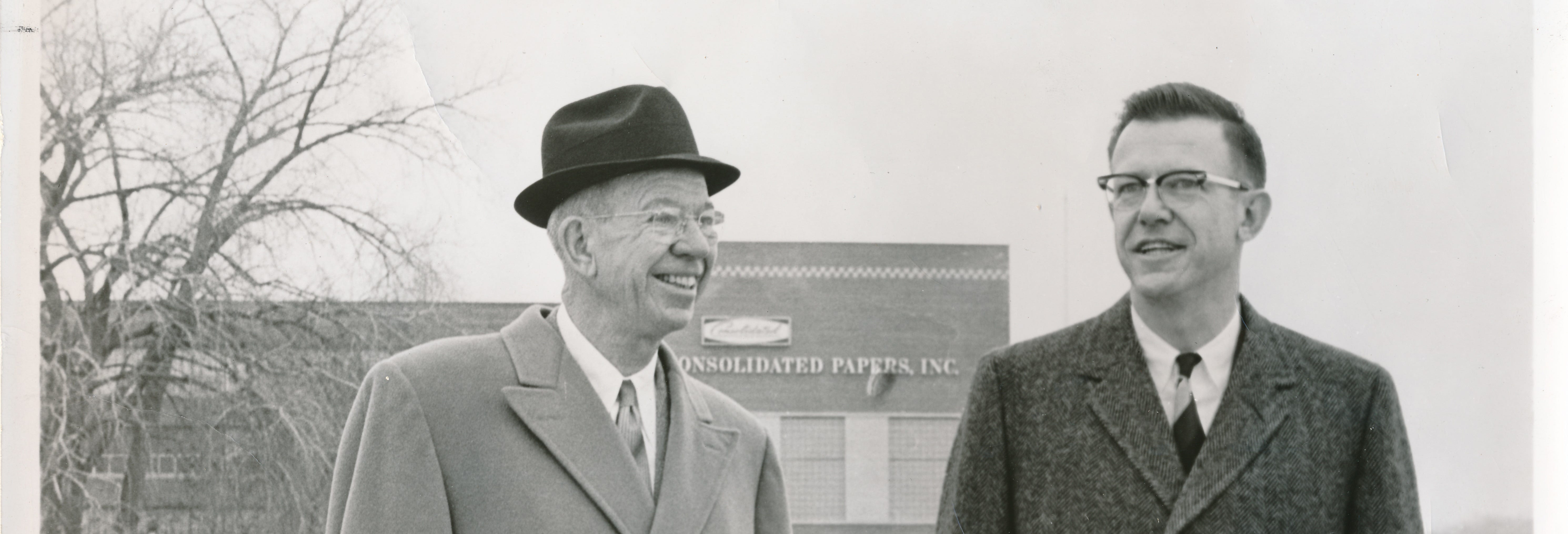 Stanton Mead and his son, George W. Mead II. Stanton was retiring, and George W. Mead II was the newly elected president of Consolidated Papers Inc. in 1966.