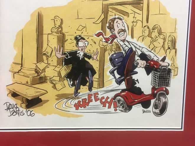 Cartoon depicting the moment in 2006 when Randall Howe, then assistant Arizona Attorney General, nearly ran into Supreme Court Justice Ruth Bader Ginsburg with his electric scooter.