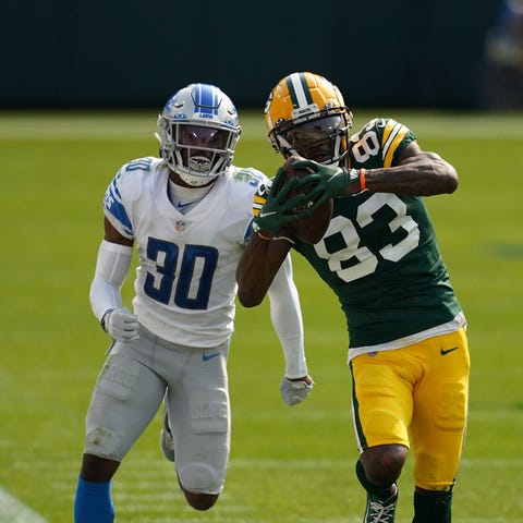 Green Bay Packers' Marquez Valdes-Scantling catche