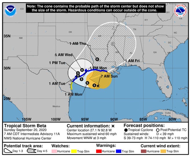 Tropical Storm Beta began moving slowly Sunday west-northwest toward the Texas coast.