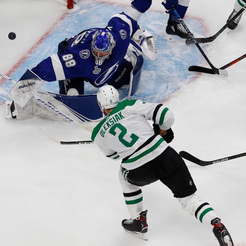 Dallas Stars defenseman Jamie Oleksiak (2) scores 