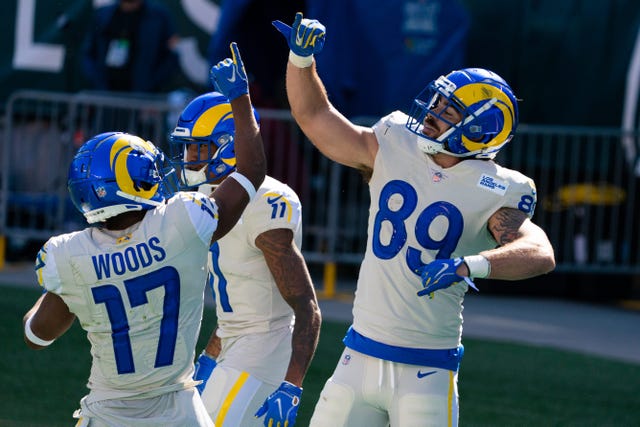 Los Angeles Rams tight end Tyler Higbee (89) celebrates with wide receiver Robert Woods (17) after his touchdown catch against the Philadelphia Eagles during the fourth quarter at Lincoln Financial Field.