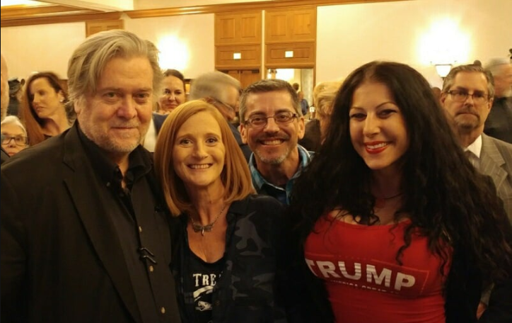 Lesa Antone (center left) and Jennifer Harrison (right) of Patriot Movement AZ group pose for a photo with Steve Bannon in a photo posted on Harrison's Facebook page.