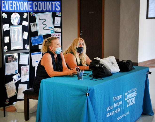 U.S Census recruiting assistants Janey Coleman left, and Tamme Hamill helped people fill out their U.S census report Monday at the city's Memorial Auditorium.
