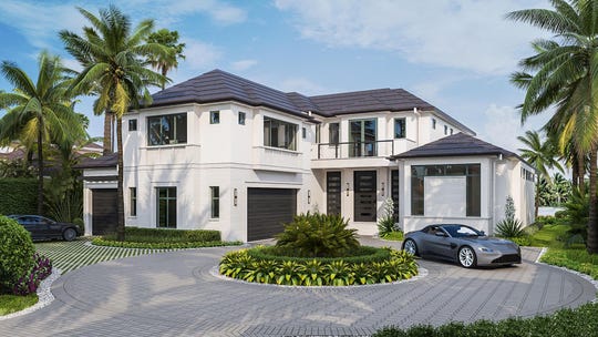 Construction is underway on a new London Bay Homes luxury estate model home at 4155 Cutlass Lane, featuring views of Doubloon Bay in the prestigious Port Royal neighborhood.