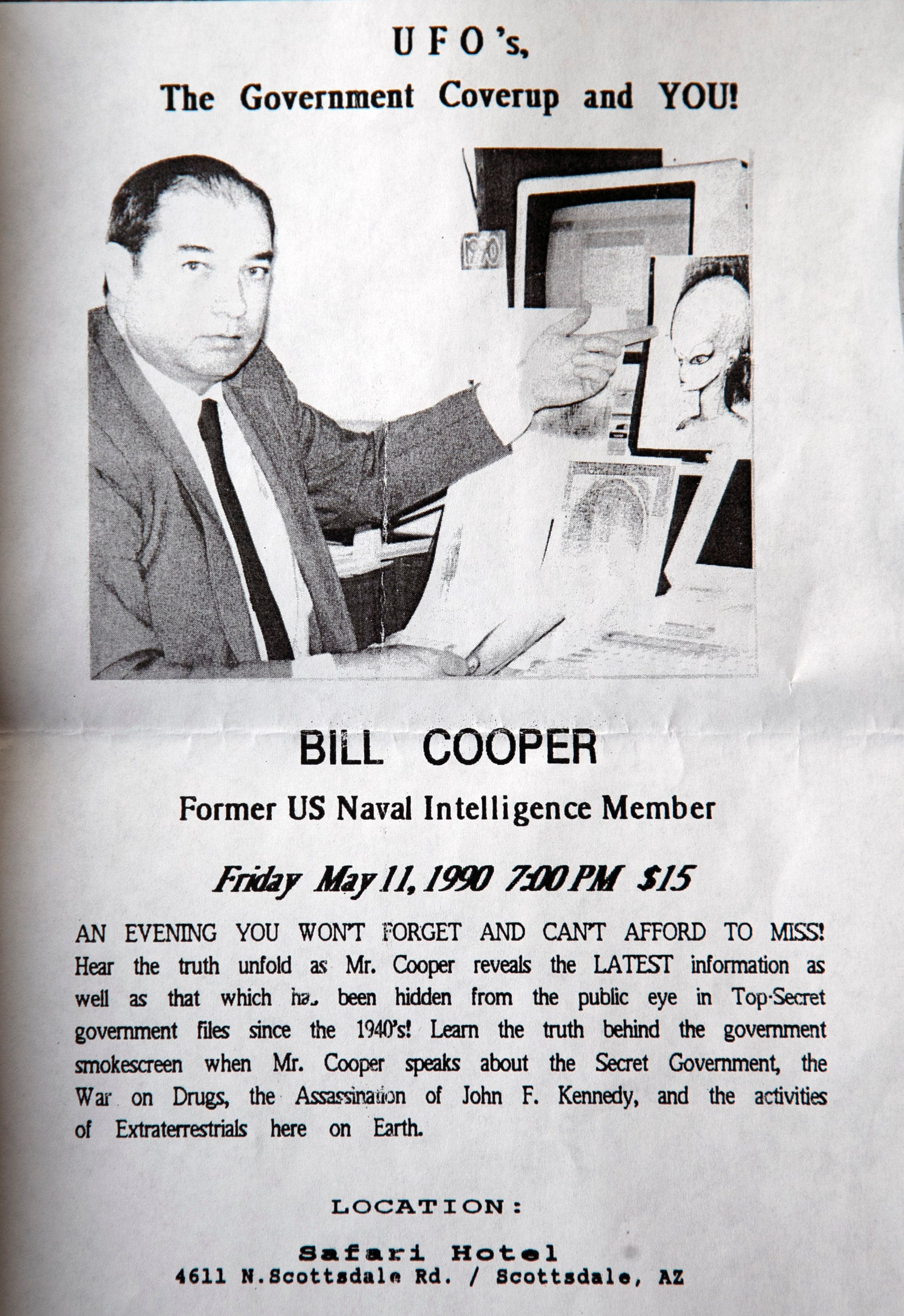 A flyer for a Scottsdale speaking event featuring William Cooper in 1990.