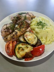 Poulet roti with olive oil mashed potatoes and ratatouille from Mediterranean fine-dining restaurant Francine in Scottsdale.