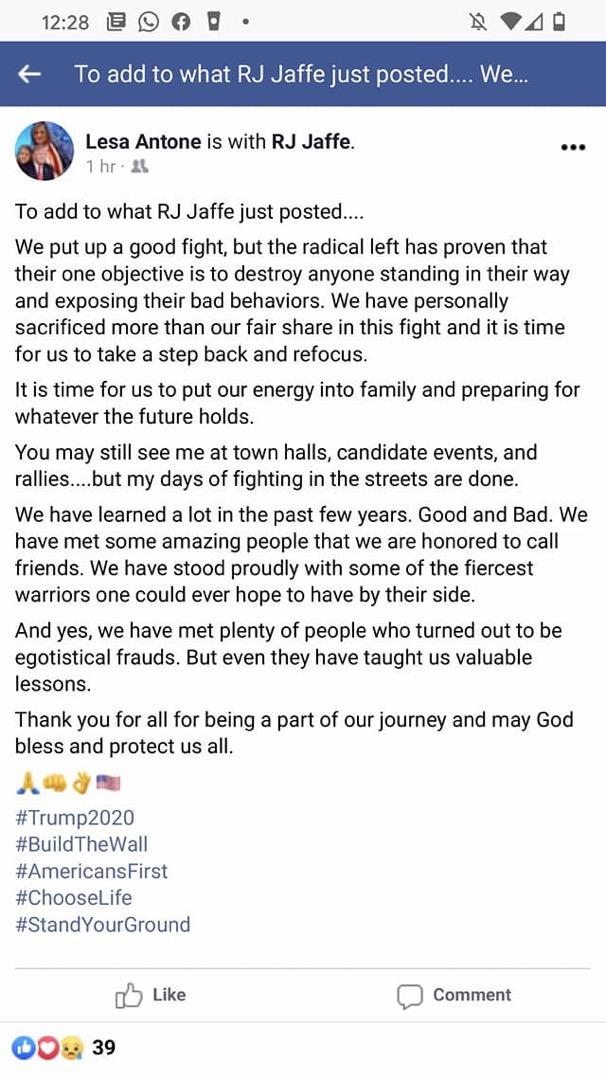 Lesa Antone posted this message on Facebook announcing she was stepping back from political activism after being heavily involved with Patriot Movement AZ.