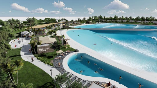 A visualization of the Wavegarden at Willow Lakes on West Midway Road in Fort Pierce, a surfing and entertainment village that received a first set of zoning approvals from the Fort Pierce City Commission, Sept. 21, 2020.