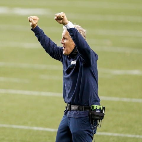 Seattle Seahawks head coach Pete Carroll celebrate