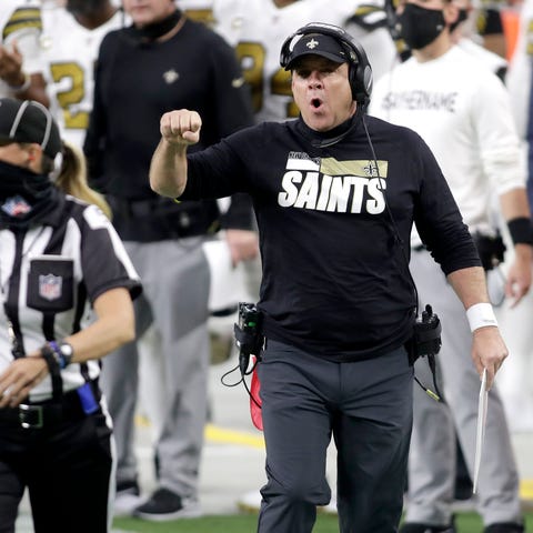 New Orleans Saints head coach Sean Payton speaks w