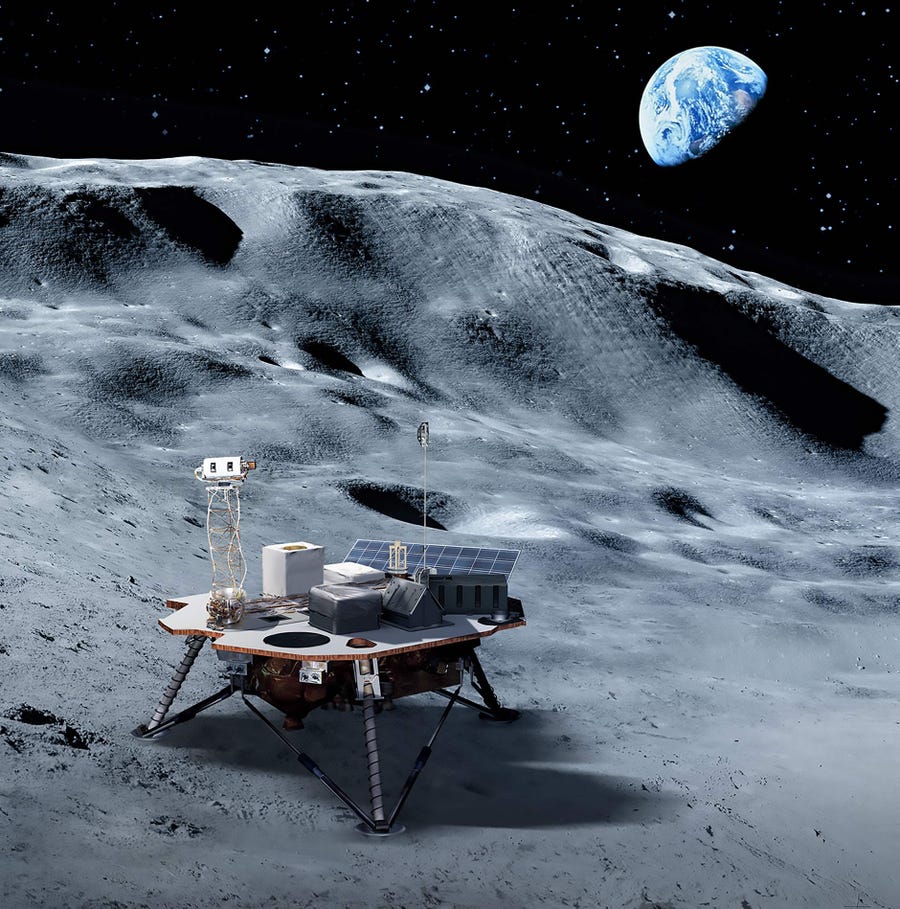 This handout illustration obtained May 31, 2019 courtesy of NASA shows planet Earth rimming the Moon's horizon with a commercial lander that will carry NASA-provided science and technology payloads to the lunar surface, paving the way for NASA astronauts to land on the Moon by 2024.