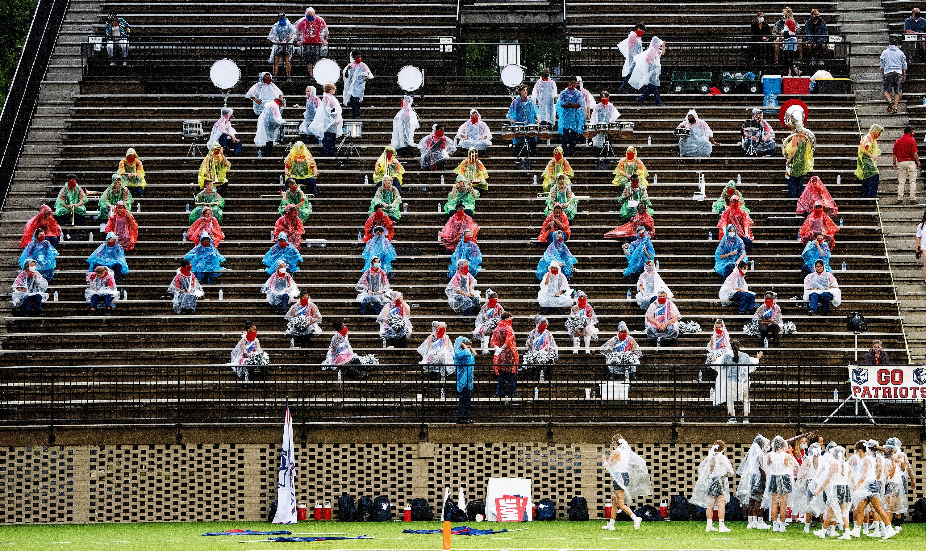 The Pike Road High School band keeps social distance before a game against Catholic High School in the AHSAA Kickoff Classic at Cramton Bowl in Montgomery, Ala., on Aug. 20.