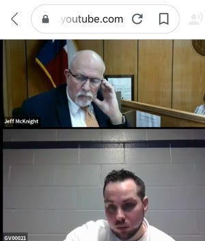 Justin Michael Love, bottom, participates in a Sept. 23, 2020, Zoom hearing to set conditions for his release from the Allred Unit, pending his new murder trial. Retired 30th District Judge Bob Brotherton, top, presides over the hearing.