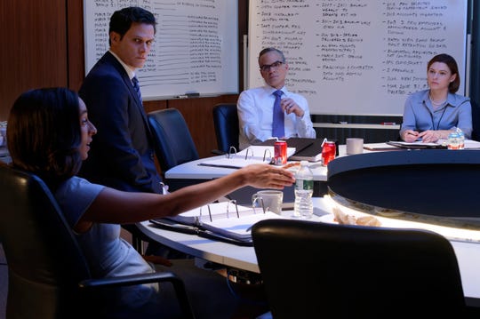 Lisa Page (Oona Chaplin), left, Peter Strzok (Steven Pasquale), Michael Kelly (Andrew McCabe) and Trisha Anderson (Amy Seimetz) are members of FBI Director James Comey's team in Showtime's 'The Comey Rule.'