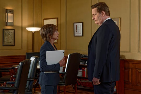 Acting Attorney General Sally Yates (Holly Hunter), left, and FBI Director James Comey (Jeff Daniels) don't always see eye to eye in Showtime's 'The Comey Rule.'