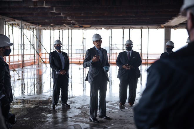 Ken Himmel and Stephen Ross of Related Cos. join West Palm Beach Mayor Keith James and Related's Gopal Rajegowda at the Sept. 21 "topping off" ceremony for the 360 Rosemary office tower in West Palm Beach.