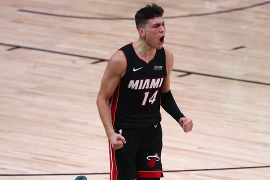 Miami Heat guard Tyler Herro celebrates after a second-half basket during Game 4 of the Eastern Conference finals.