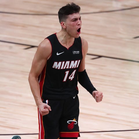 Miami Heat guard Tyler Herro celebrates after a se