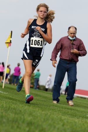 Notre Dame-West Burlington's Hadley Augustine during the girls varsity race of the 17th annual Tony Proctor Cross Country Invitational, Thursday Sept. 24, 2020 at the Burlington Regional RecPlex